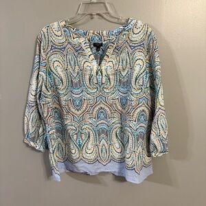 Talbots Petite Classic Split Neck Lightweight Cotton Blouse Blue Print XLP NWT